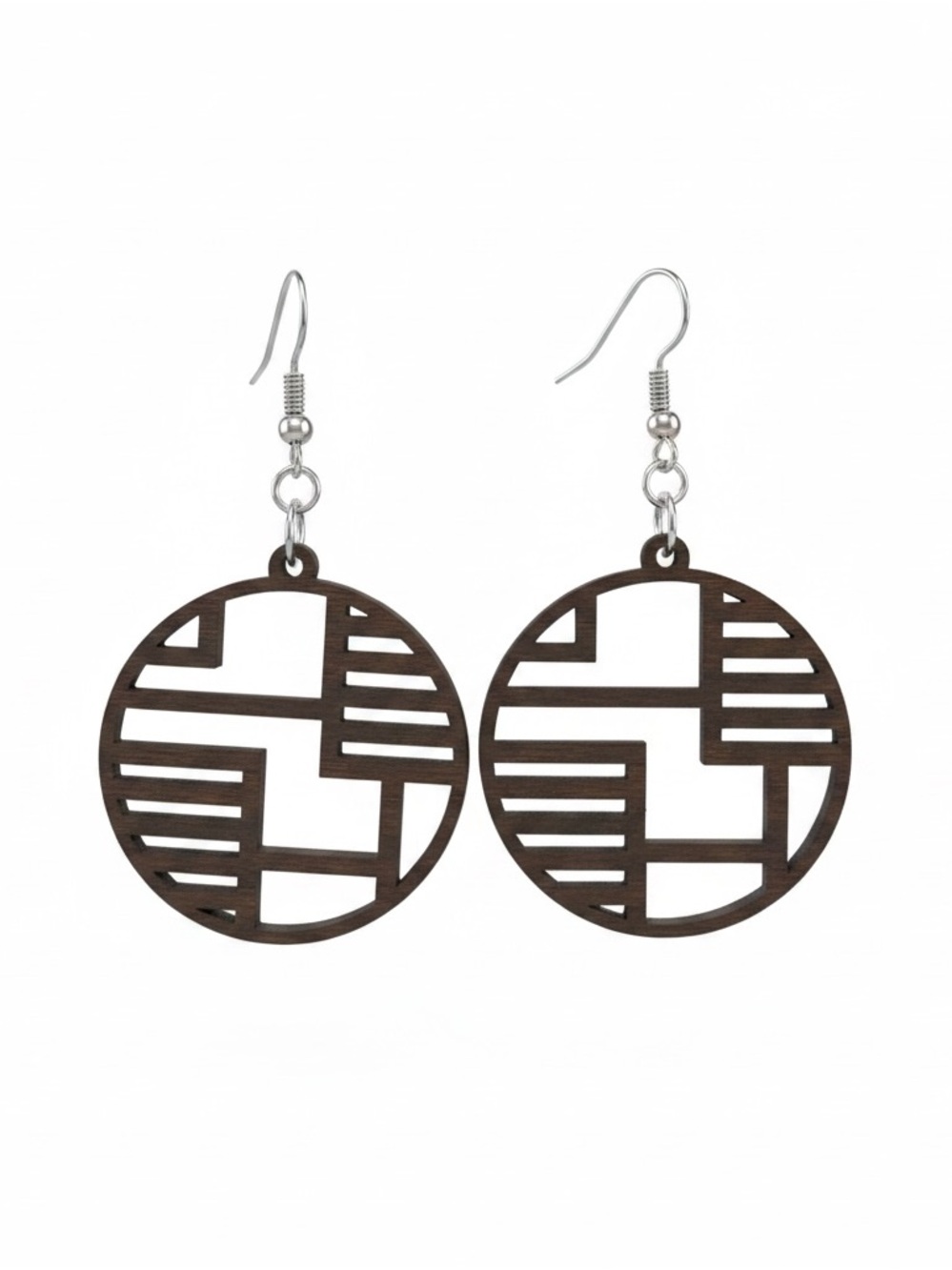 Geometric Round Wood Drop Earrings - Dark Brown